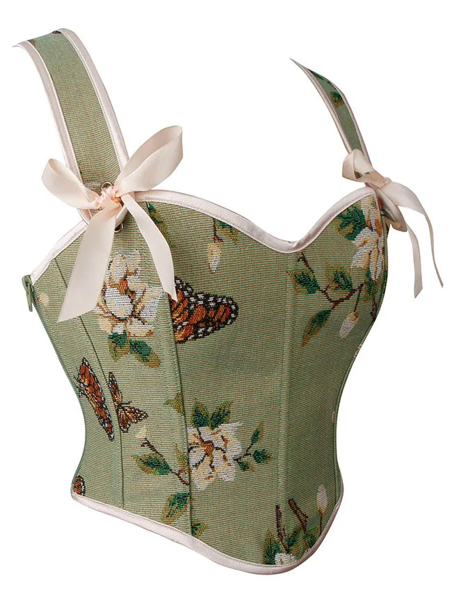 Victorian Floral Butterfly Print Overbust Corset Bustier Crop Top