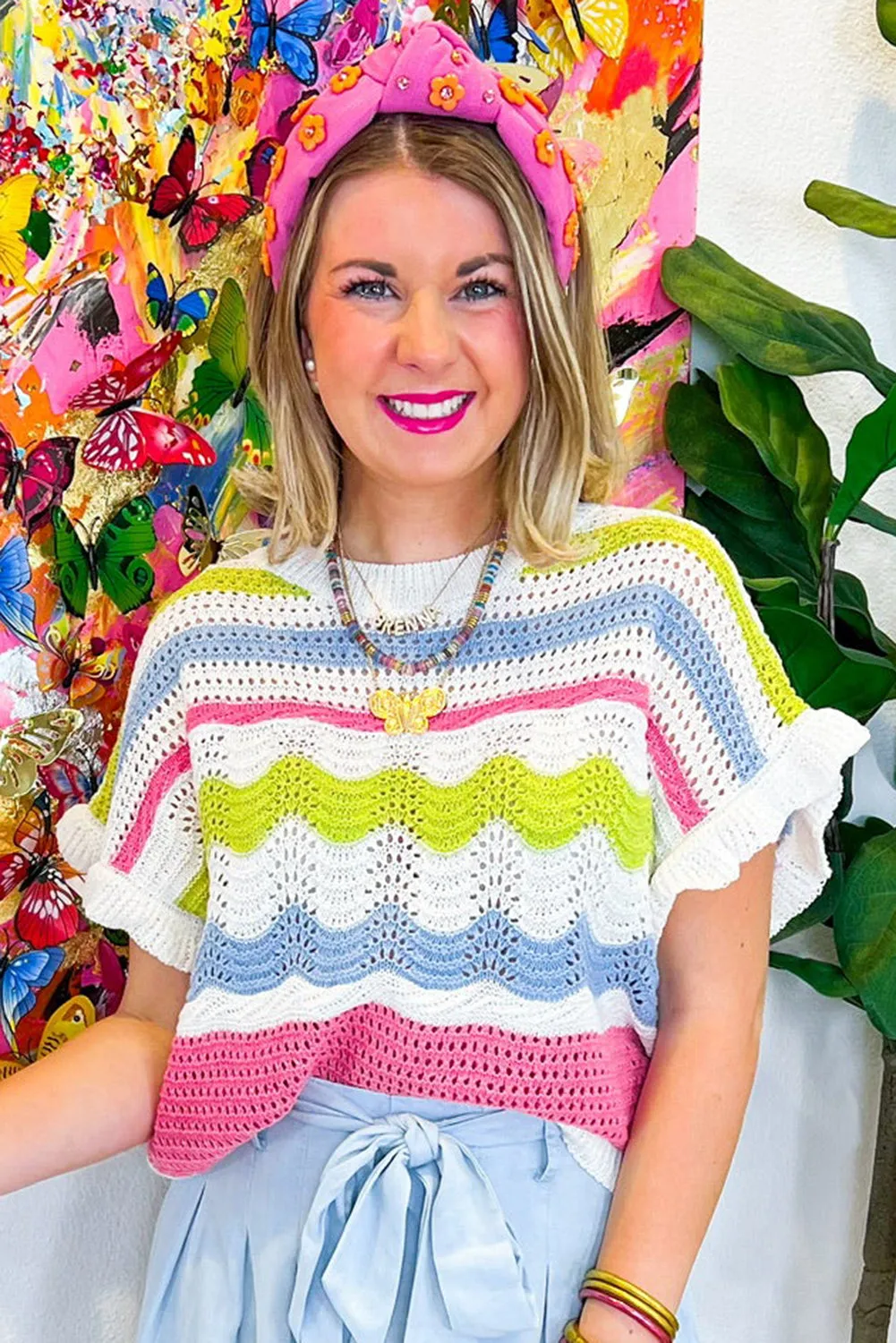 White Color Block Ruffled Short Sleeve Sweater T Shirt