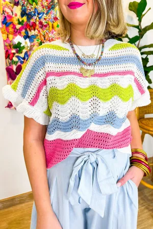 White Color Block Ruffled Short Sleeve Sweater T Shirt
