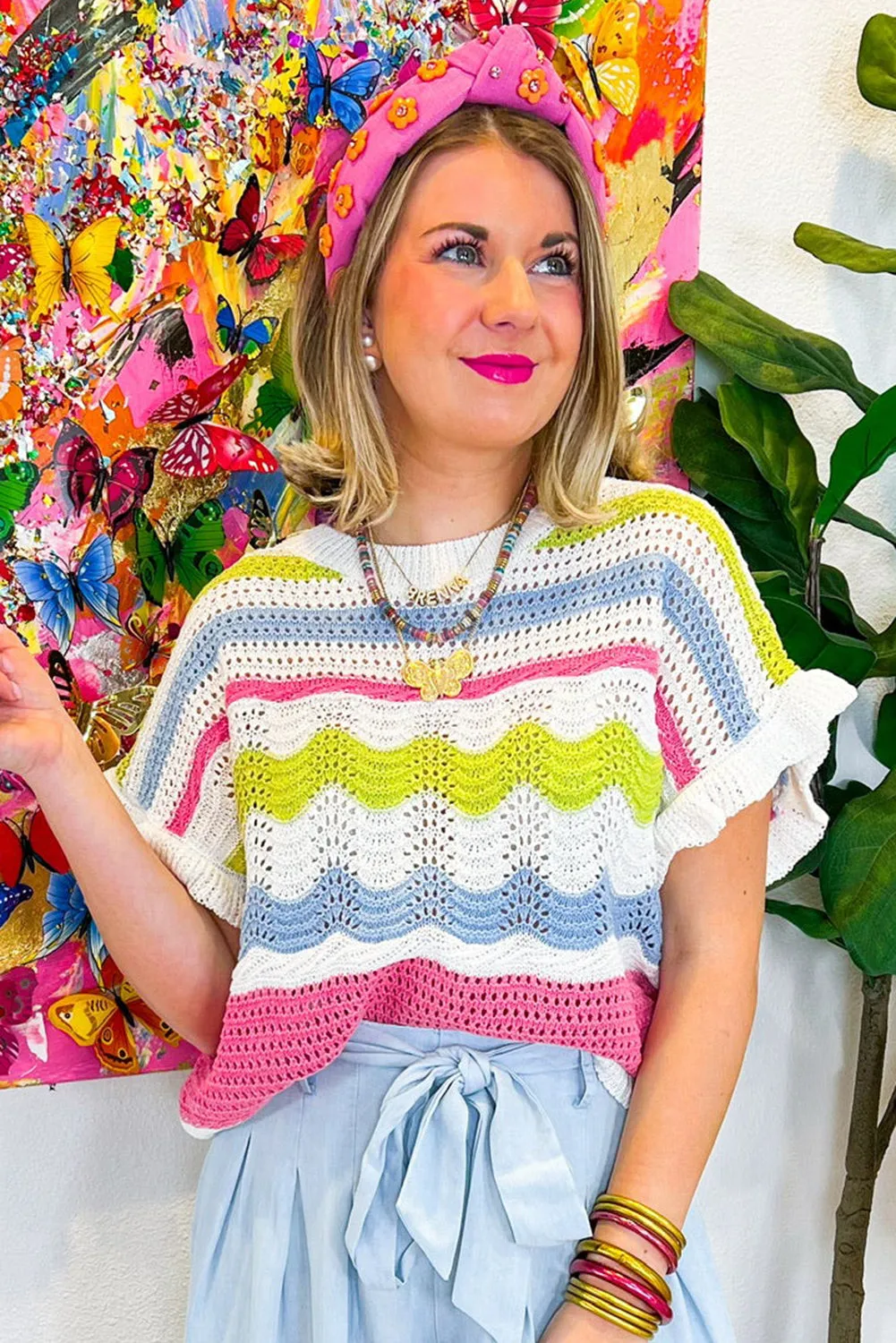 White Color Block Ruffled Short Sleeve Sweater T Shirt
