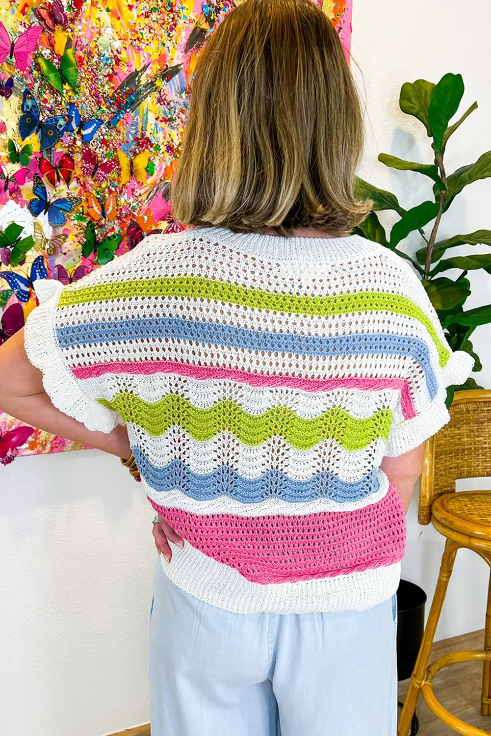 White Color Block Ruffled Short Sleeve Sweater T Shirt