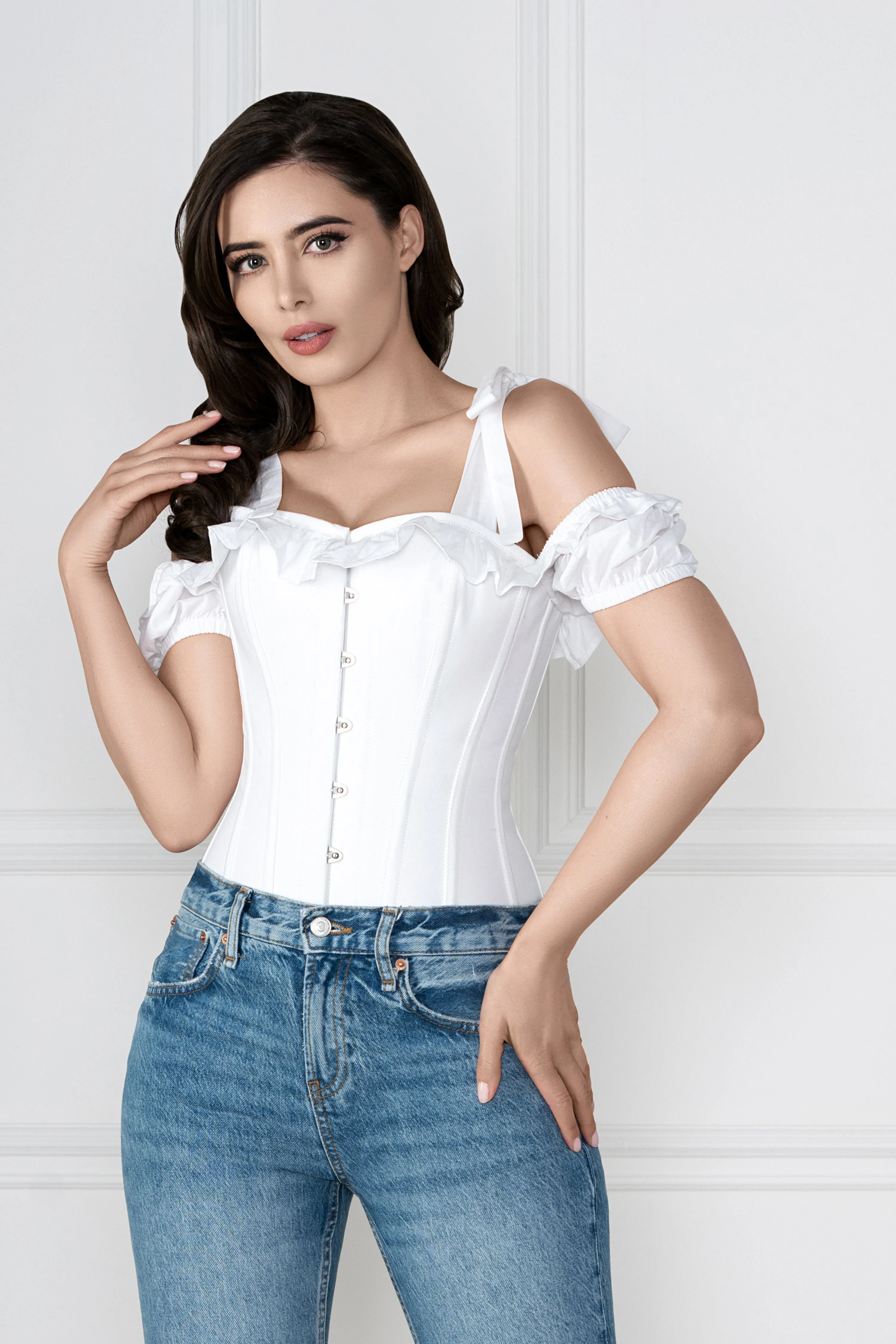 White Cotton Overbust With Sleeves And Shoulder Straps