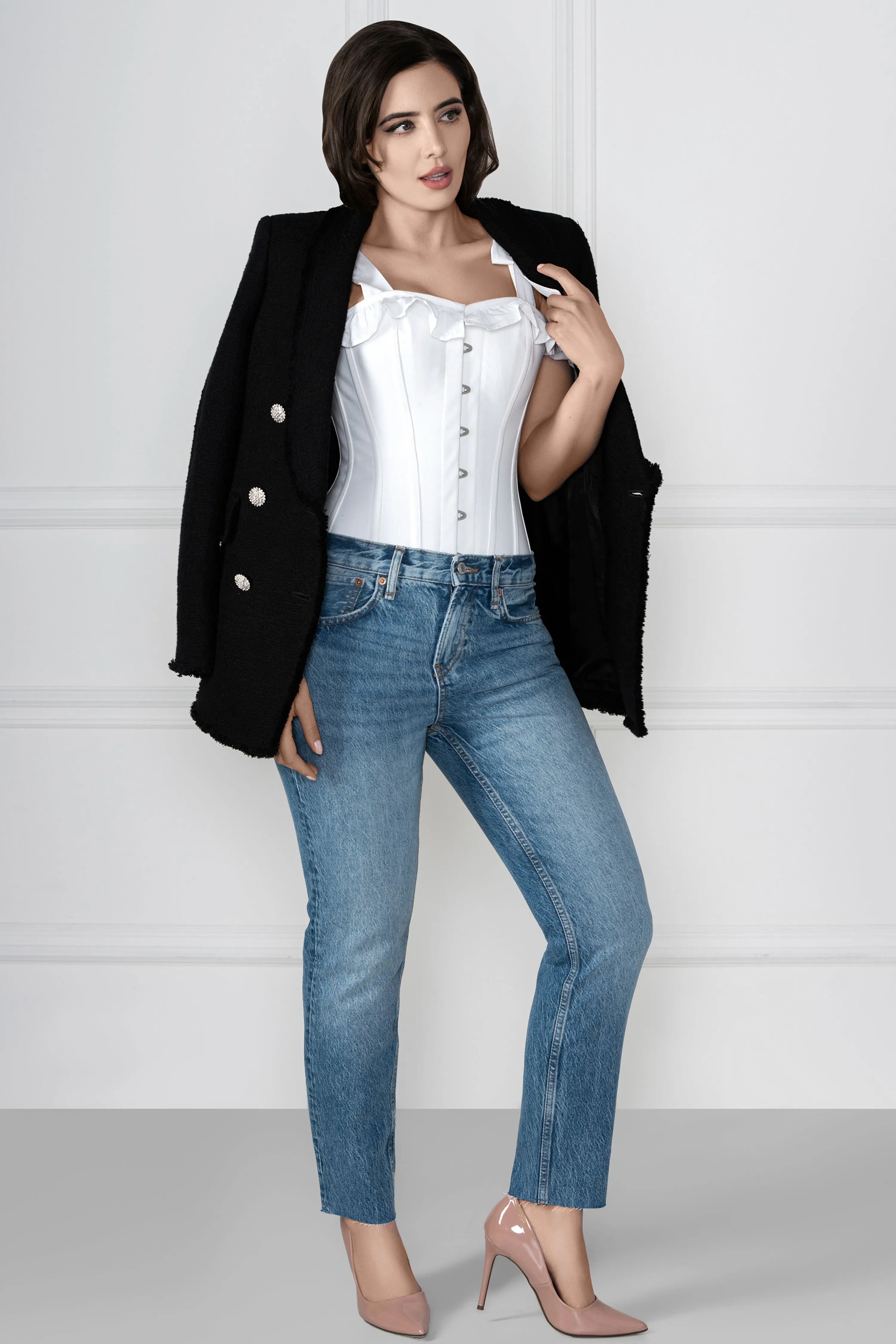 White Cotton Overbust With Sleeves And Shoulder Straps