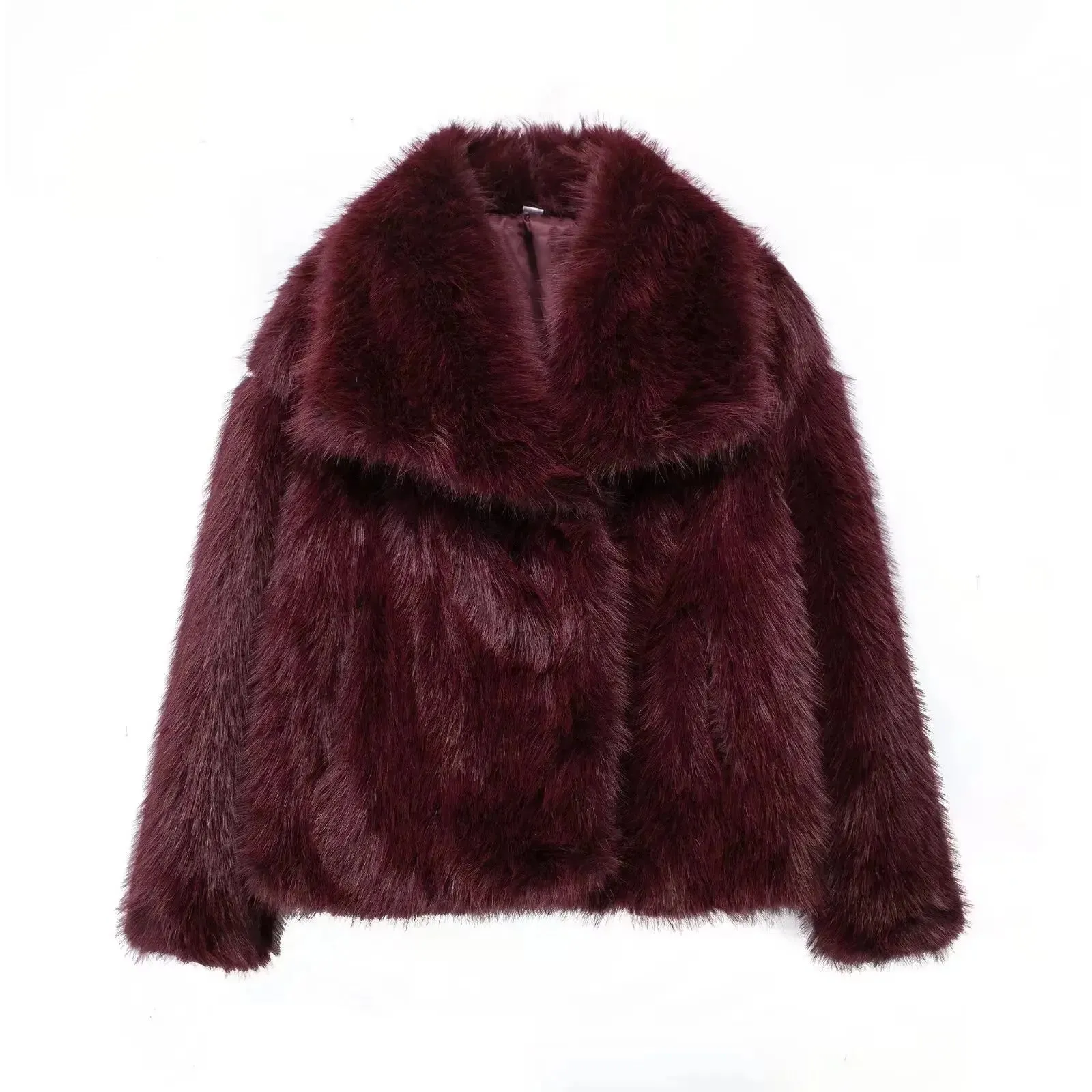 Women Fashion Cropped Faux Fur Jacket Coat Long Sleeve Front Snap-button Female Outerwear Chic Lapel Collar Thick Coat