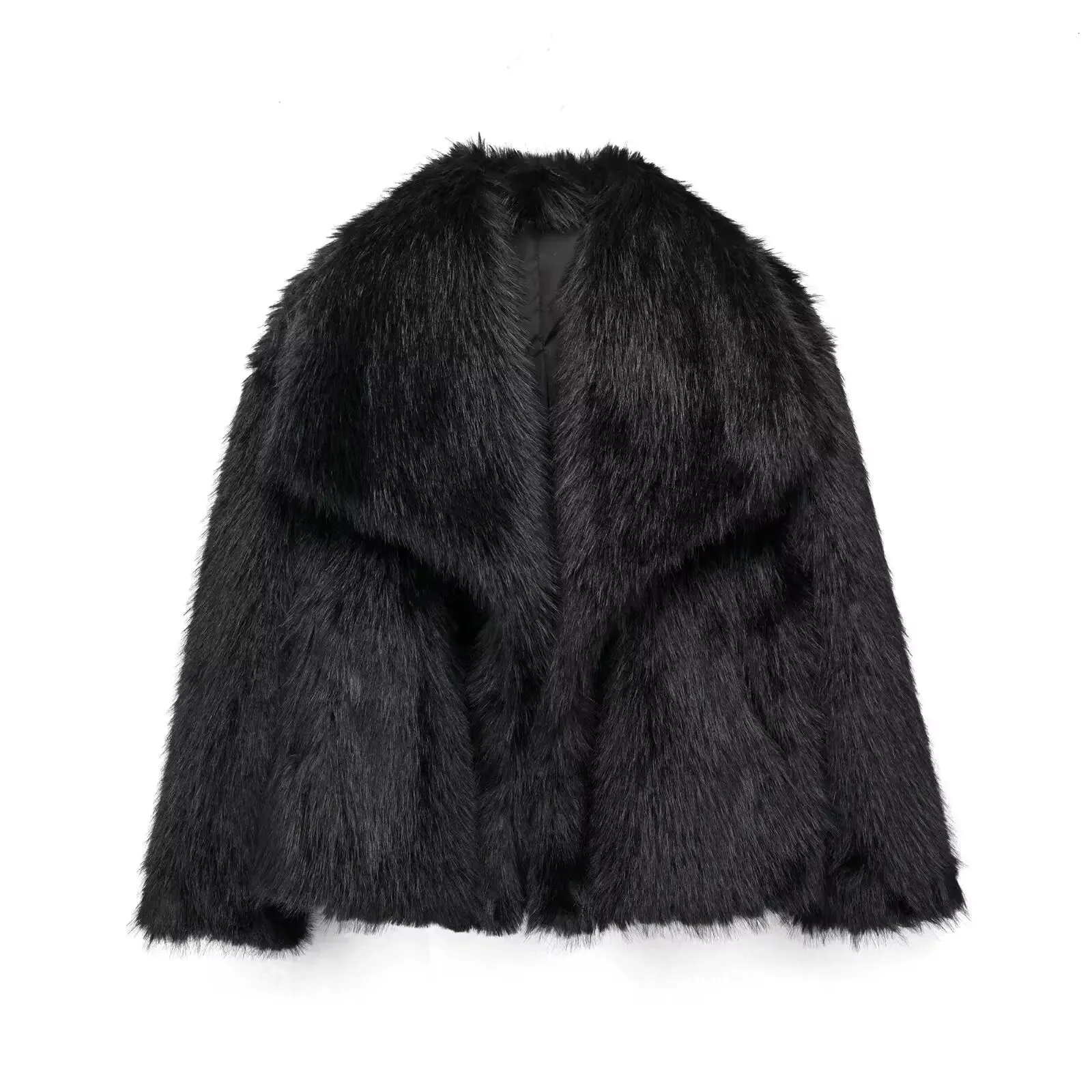 Women Fashion Cropped Faux Fur Jacket Coat Long Sleeve Front Snap-button Female Outerwear Chic Lapel Collar Thick Coat