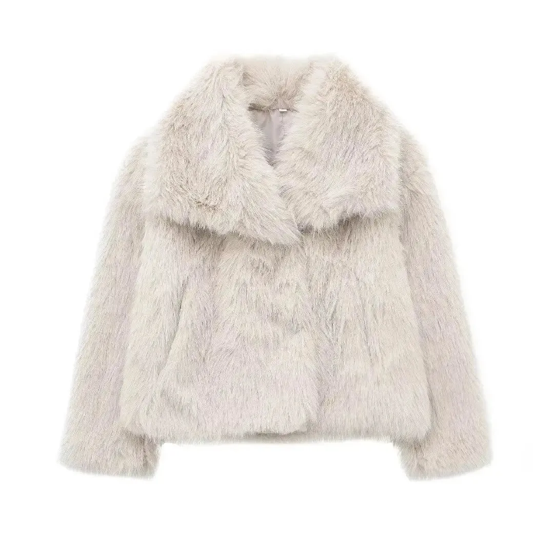 Women Fashion Cropped Faux Fur Jacket Coat Long Sleeve Front Snap-button Female Outerwear Chic Lapel Collar Thick Coat
