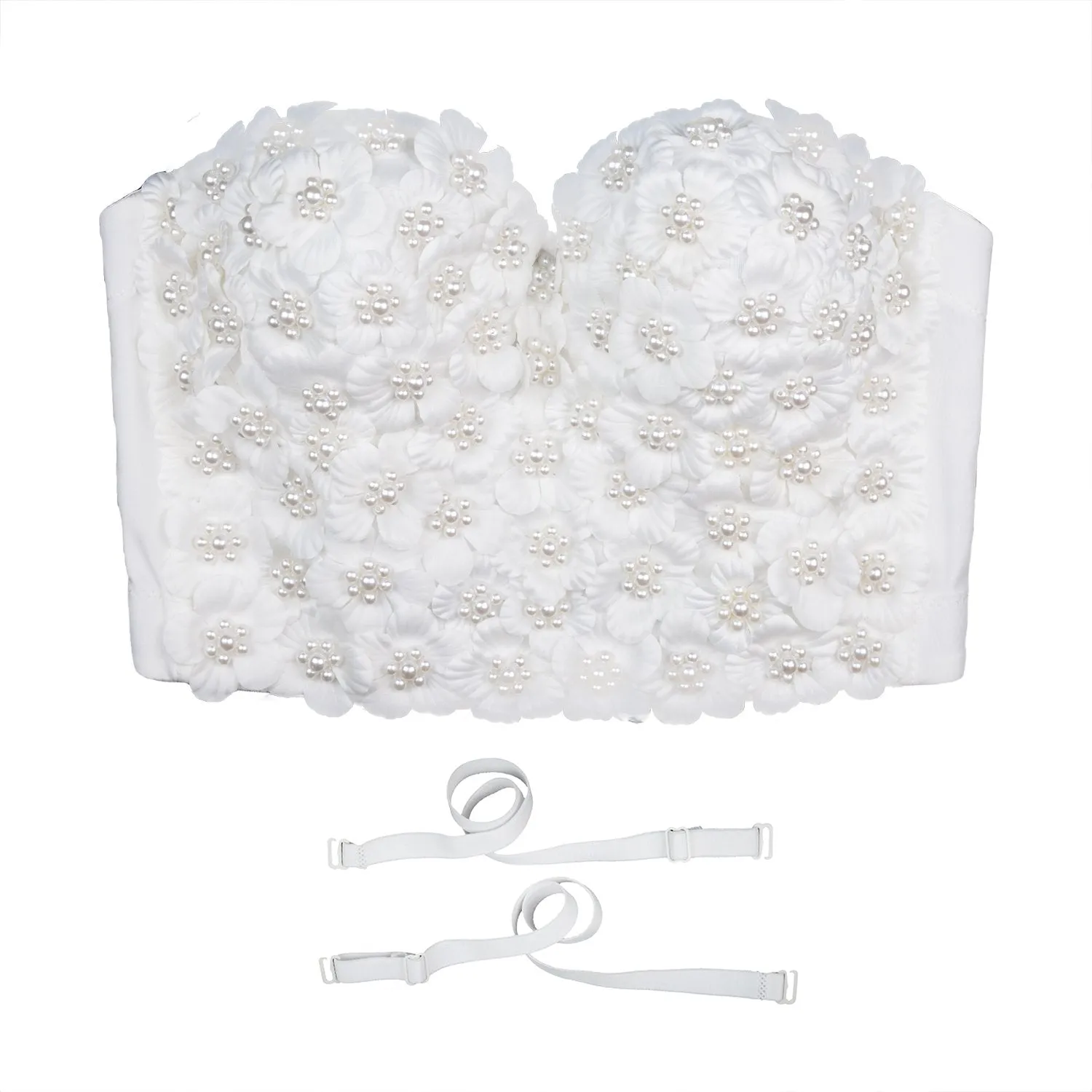 Women's 3D Floral Pearl Bustier Crop Top Party Club Bra Tops White