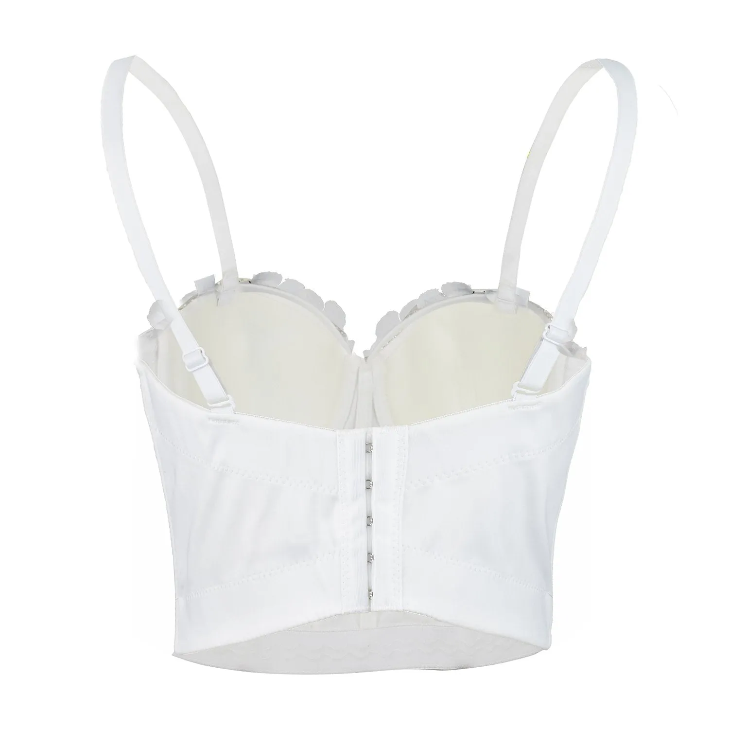 Women's 3D Floral Pearl Bustier Crop Top Party Club Bra Tops White