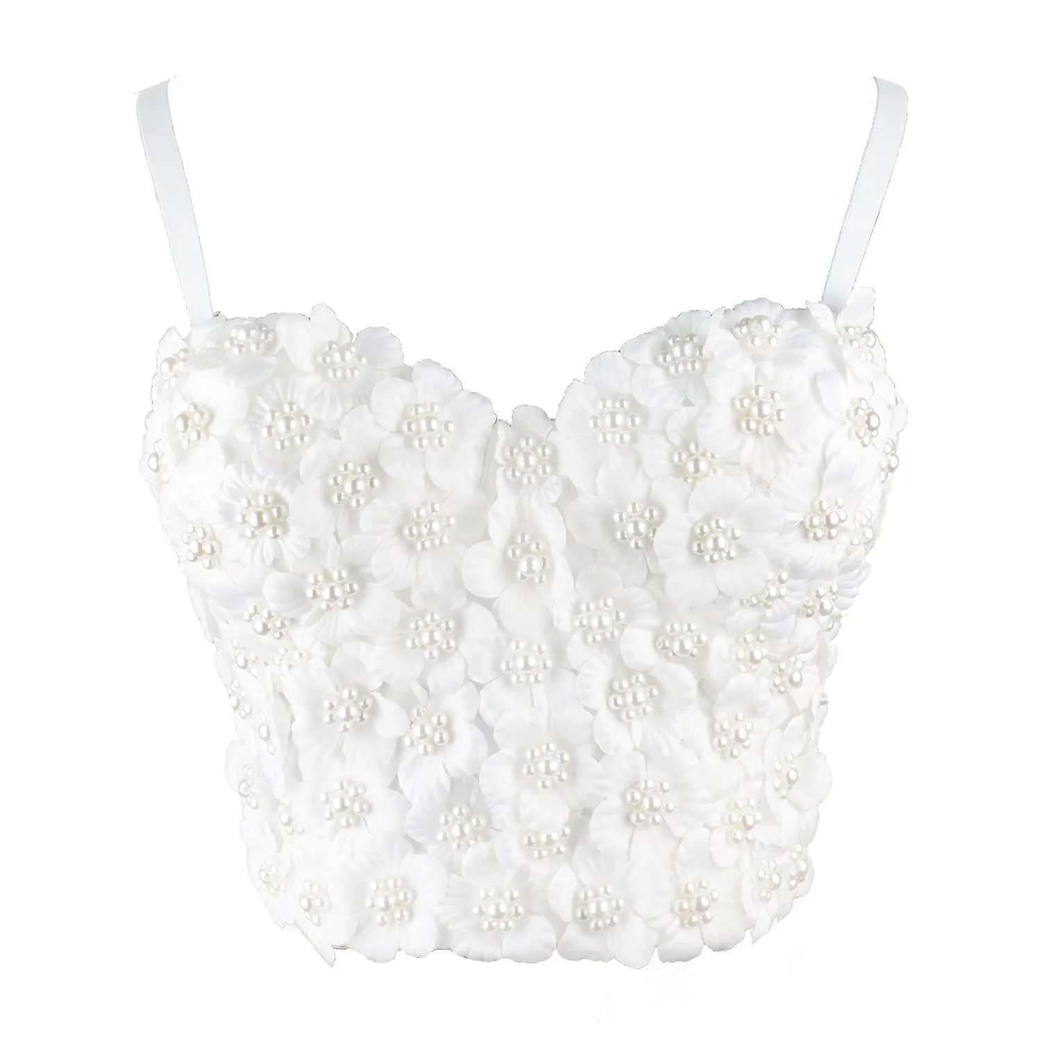 Women's 3D Floral Pearl Bustier Crop Top Party Club Bra Tops White