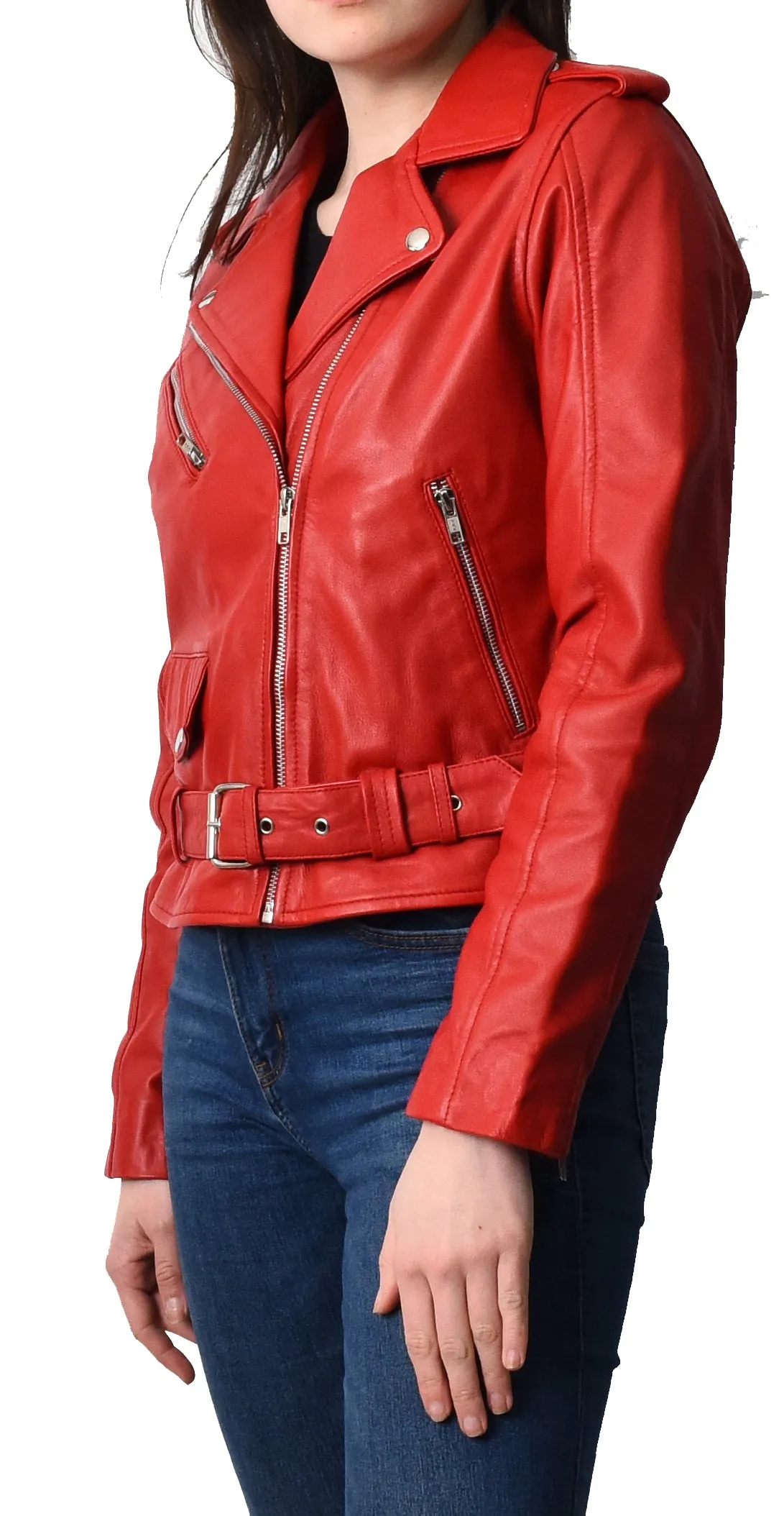 Women's Brando Biker Style Real Leather Jacket Red Fierca