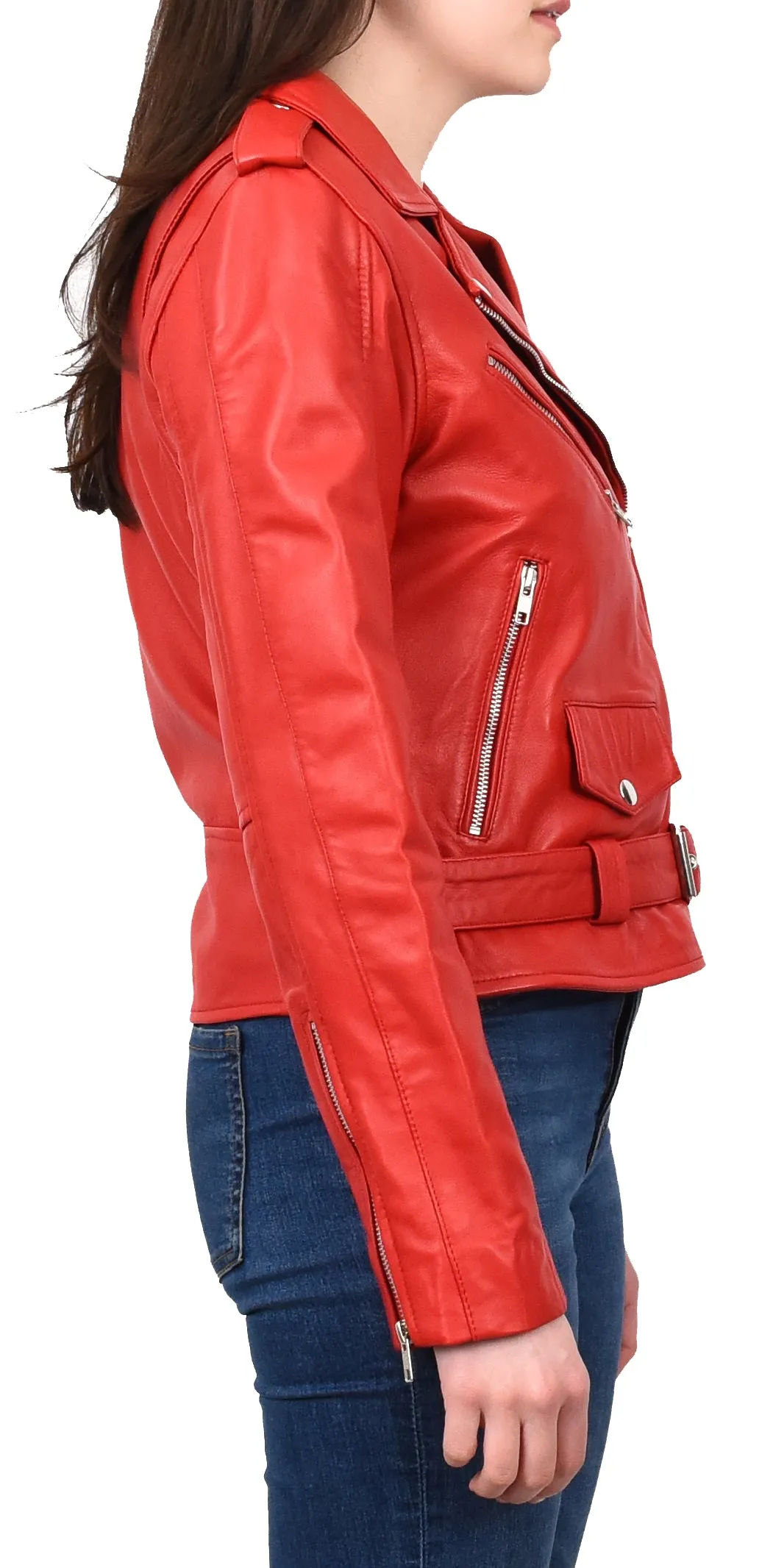 Women's Brando Biker Style Real Leather Jacket Red Fierca