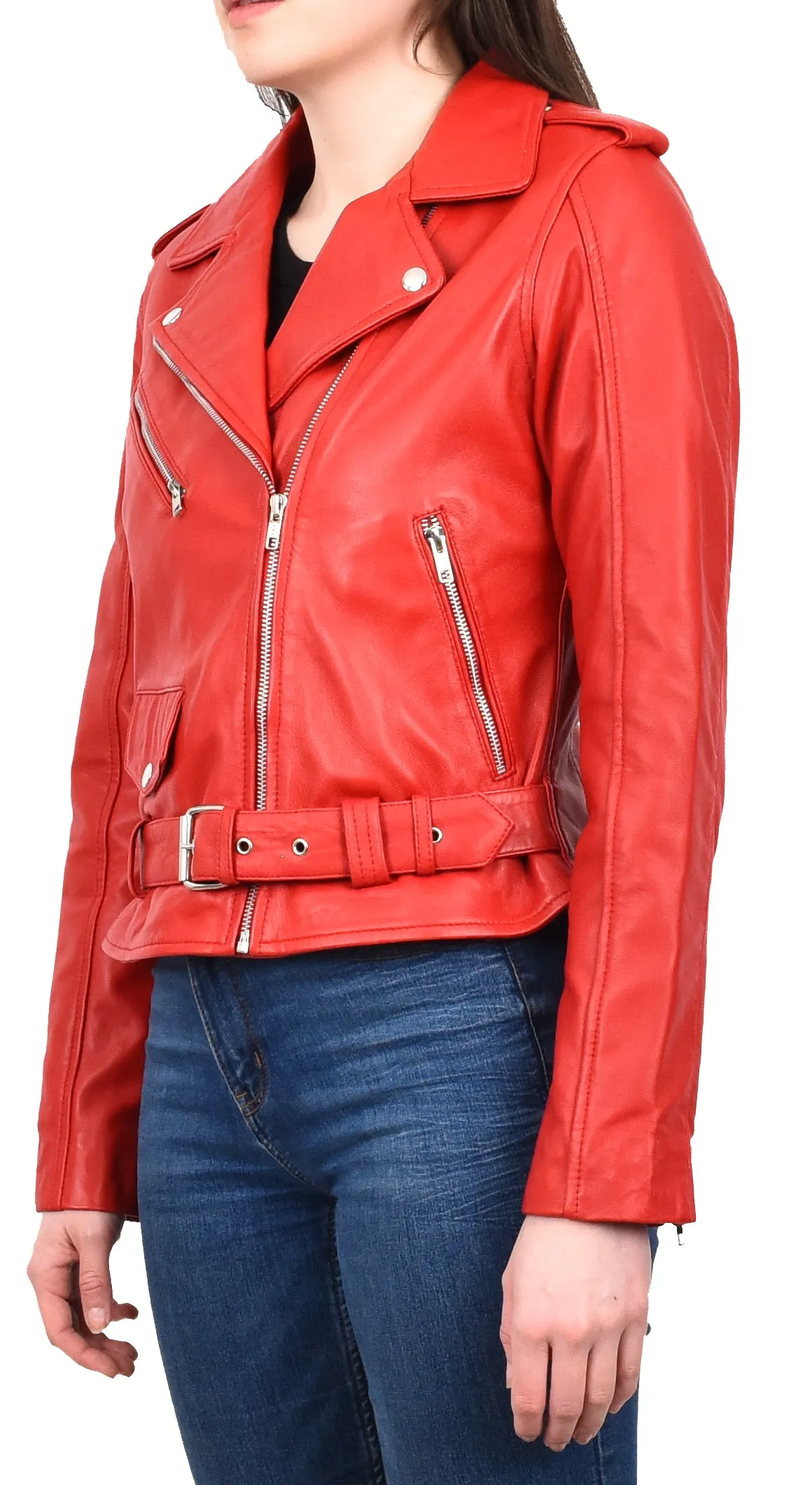 Women's Brando Biker Style Real Leather Jacket Red Fierca