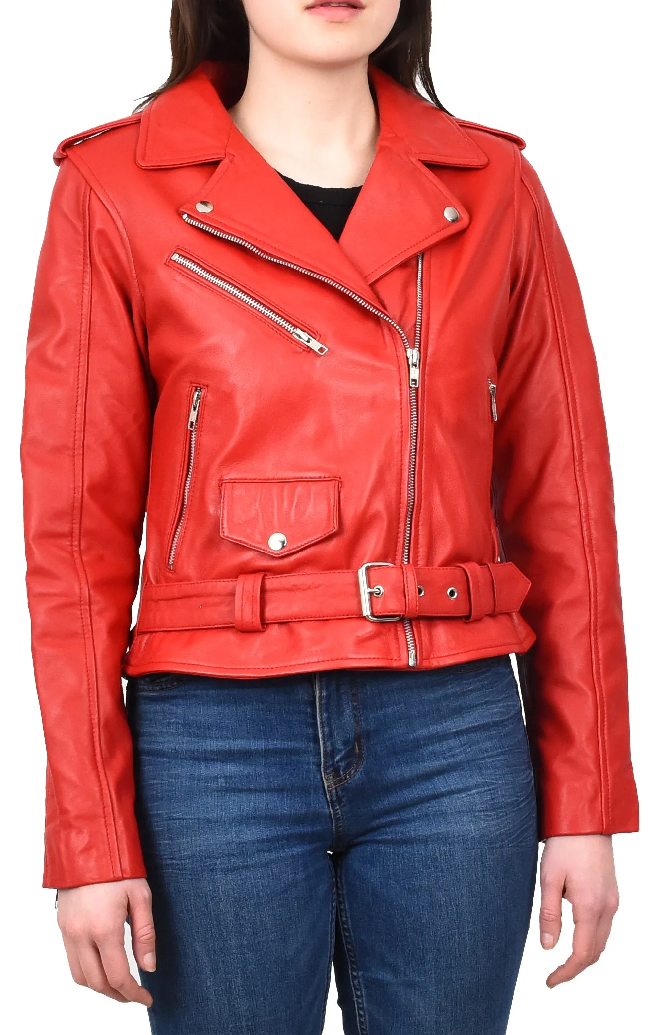 Women's Brando Biker Style Real Leather Jacket Red Fierca