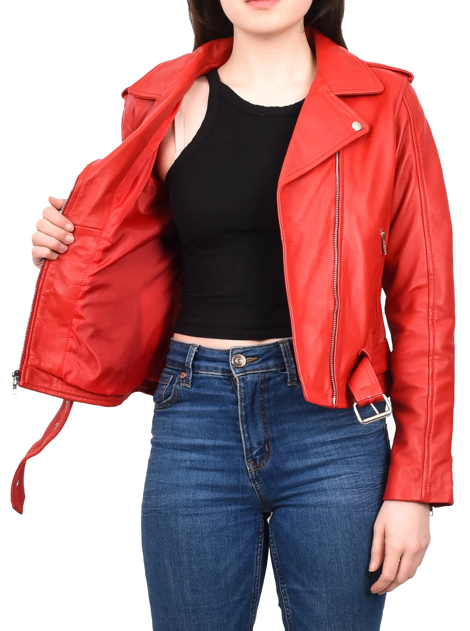 Women's Brando Biker Style Real Leather Jacket Red Fierca