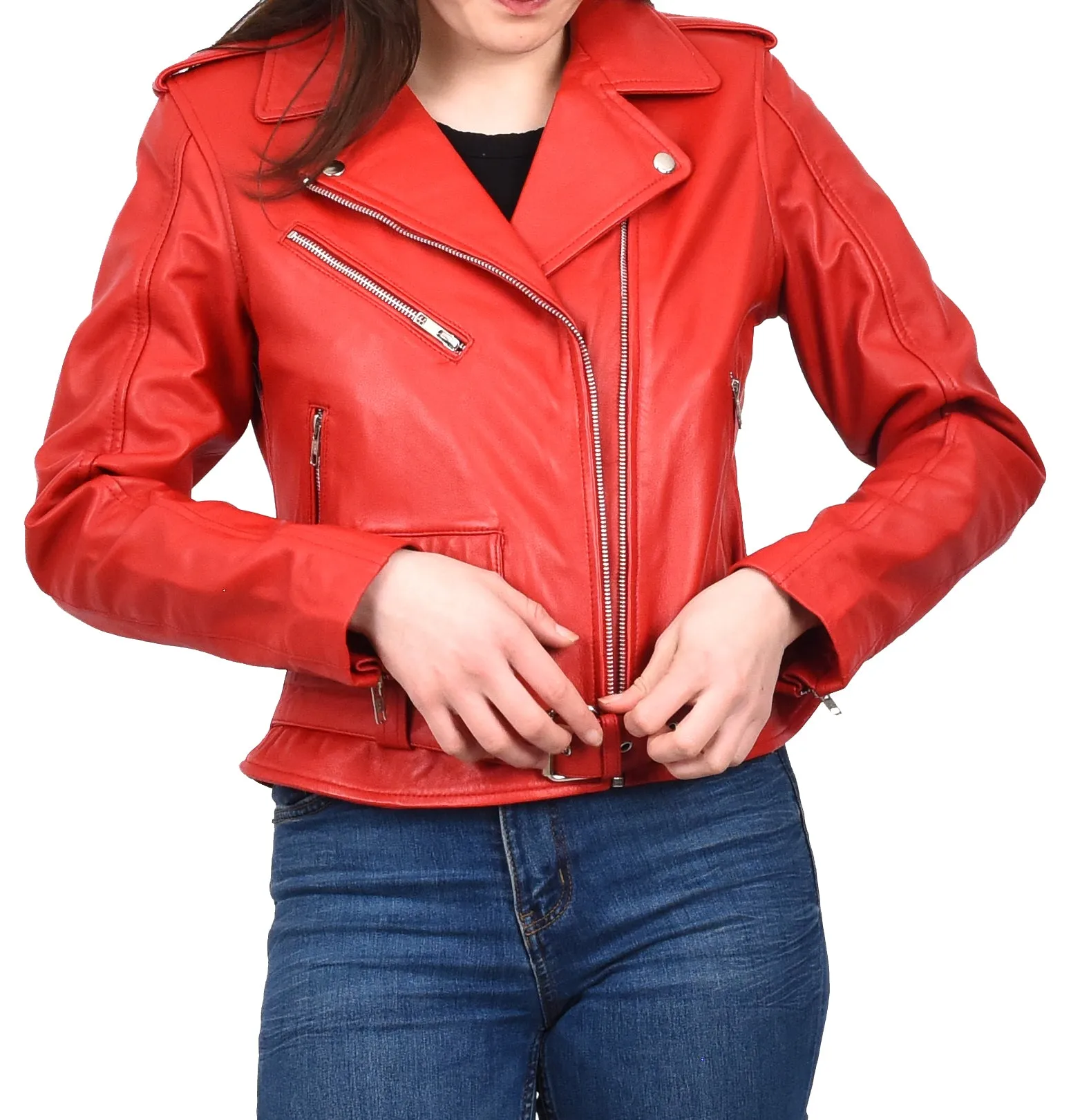 Women's Brando Biker Style Real Leather Jacket Red Fierca