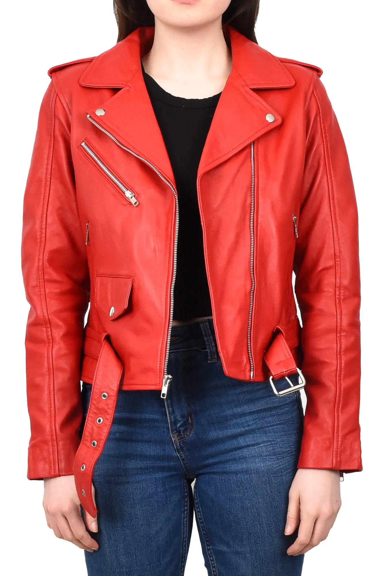 Women's Brando Biker Style Real Leather Jacket Red Fierca