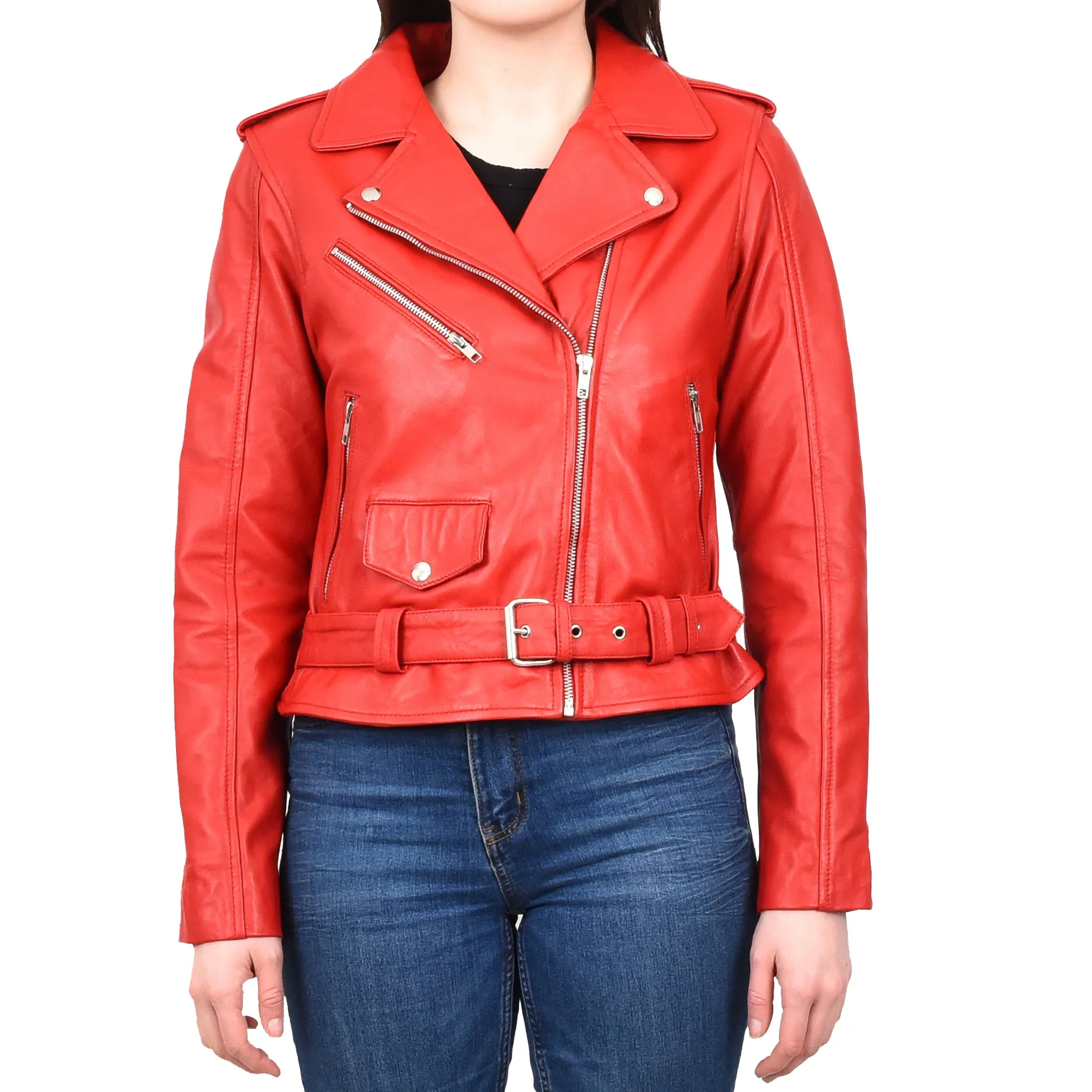 Women's Brando Biker Style Real Leather Jacket Red Fierca