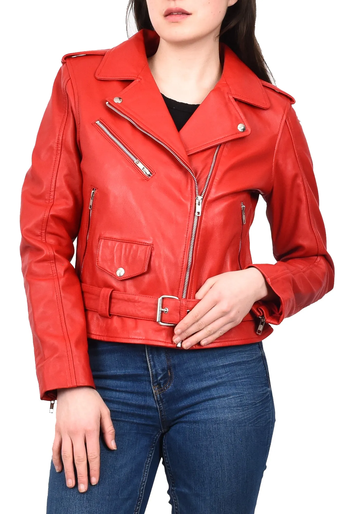 Women's Brando Biker Style Real Leather Jacket Red Fierca