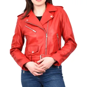 Women's Brando Biker Style Real Leather Jacket Red Fierca