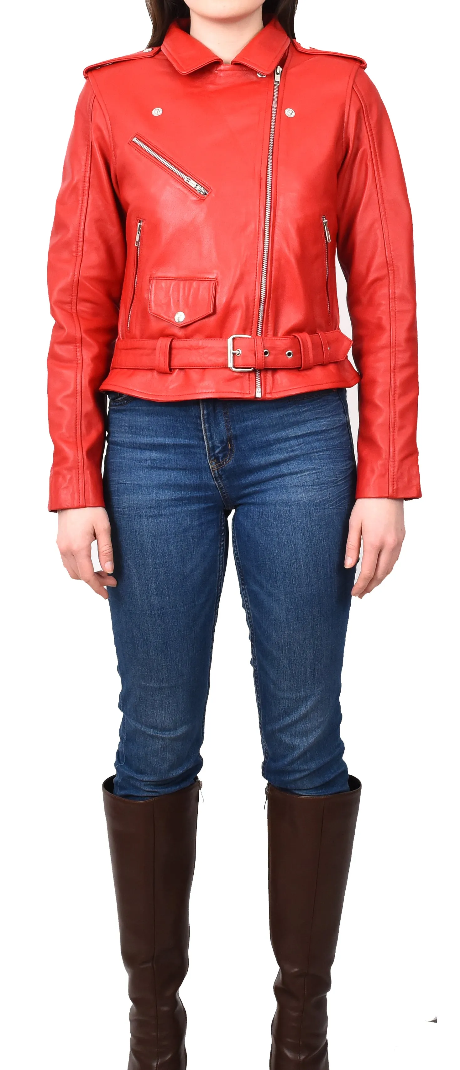 Women's Brando Biker Style Real Leather Jacket Red Fierca