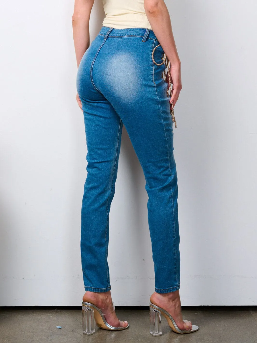 WOMEN'S BUTTON CLOSURE LACE UP FRONT DENIM JEANS