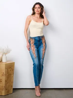 WOMEN'S BUTTON CLOSURE LACE UP FRONT DENIM JEANS