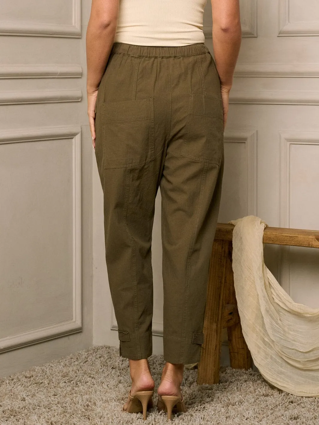 WOMEN'S ELASTIC WAIST POCKETS SKINNY LEG PANTS