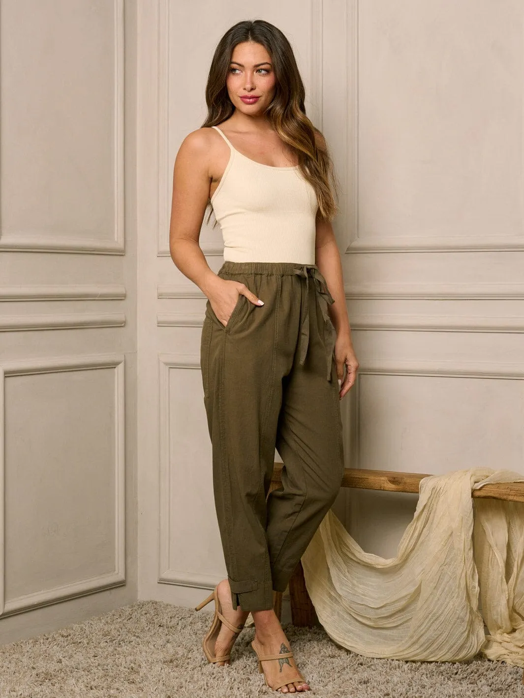 WOMEN'S ELASTIC WAIST POCKETS SKINNY LEG PANTS