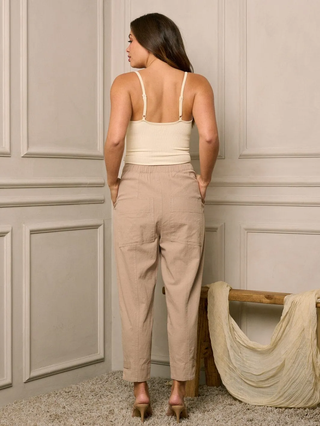 WOMEN'S ELASTIC WAIST POCKETS SKINNY LEG PANTS