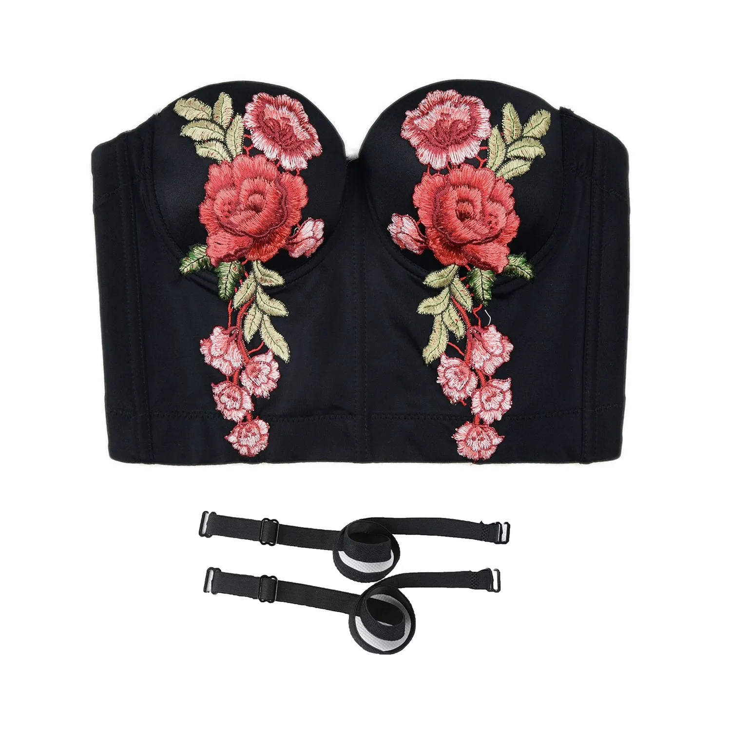 Women's Embroidery Floral Sexy Bustier Crop Top Smooth Corset Bra Tops Black