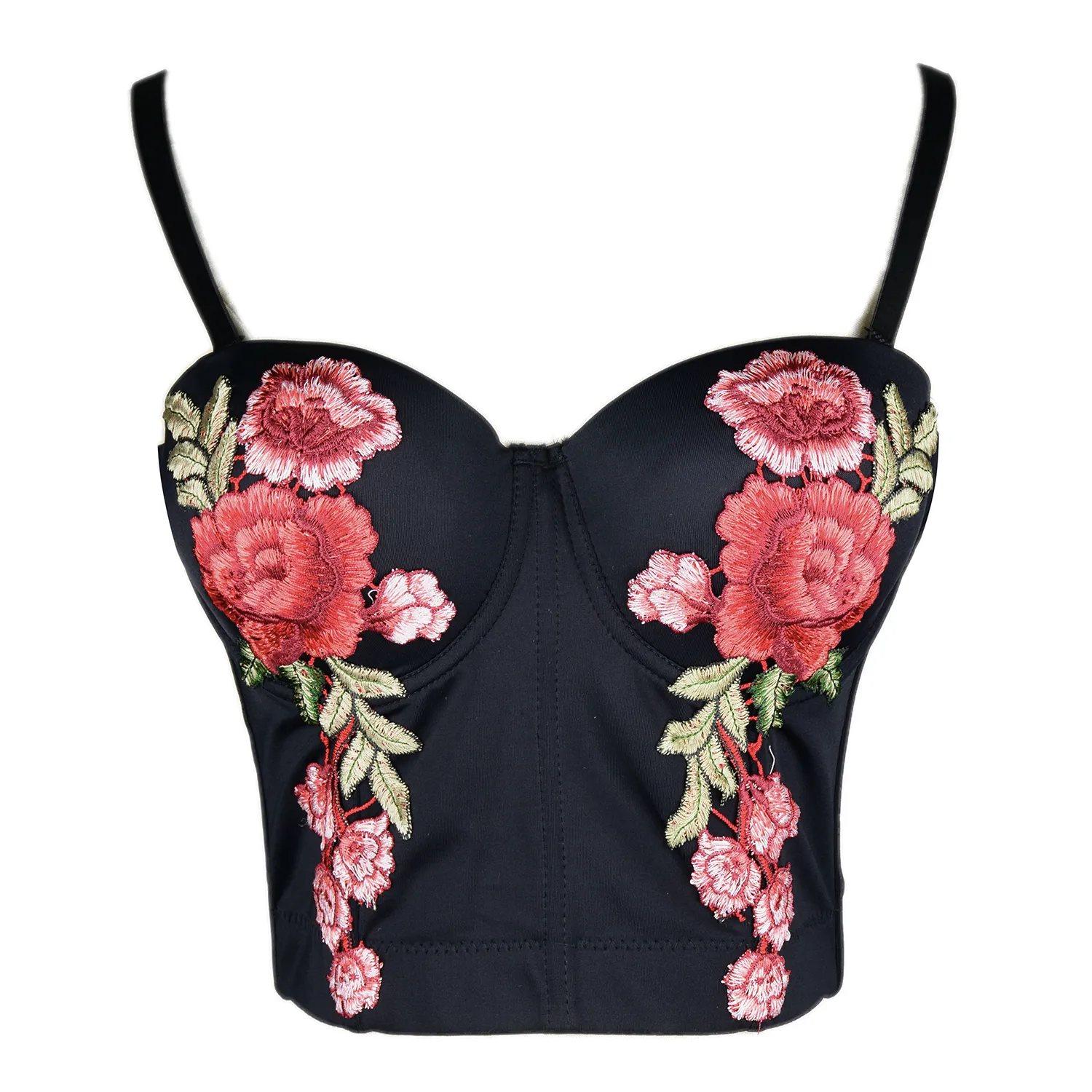 Women's Embroidery Floral Sexy Bustier Crop Top Smooth Corset Bra Tops Black