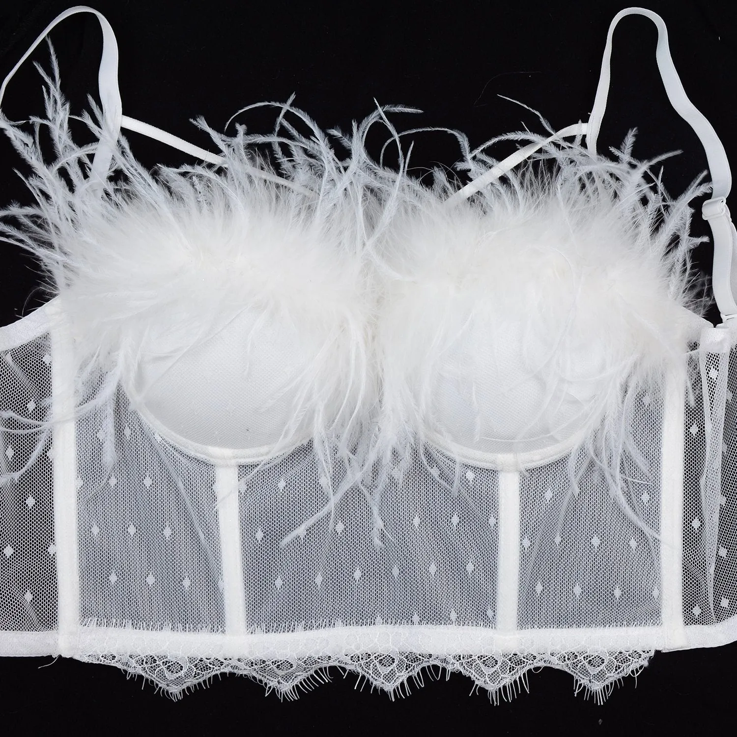 Women's Feather Tassel Cut Cross Strappy Lace Bustier Tops Sexy Club Party Crop Top White