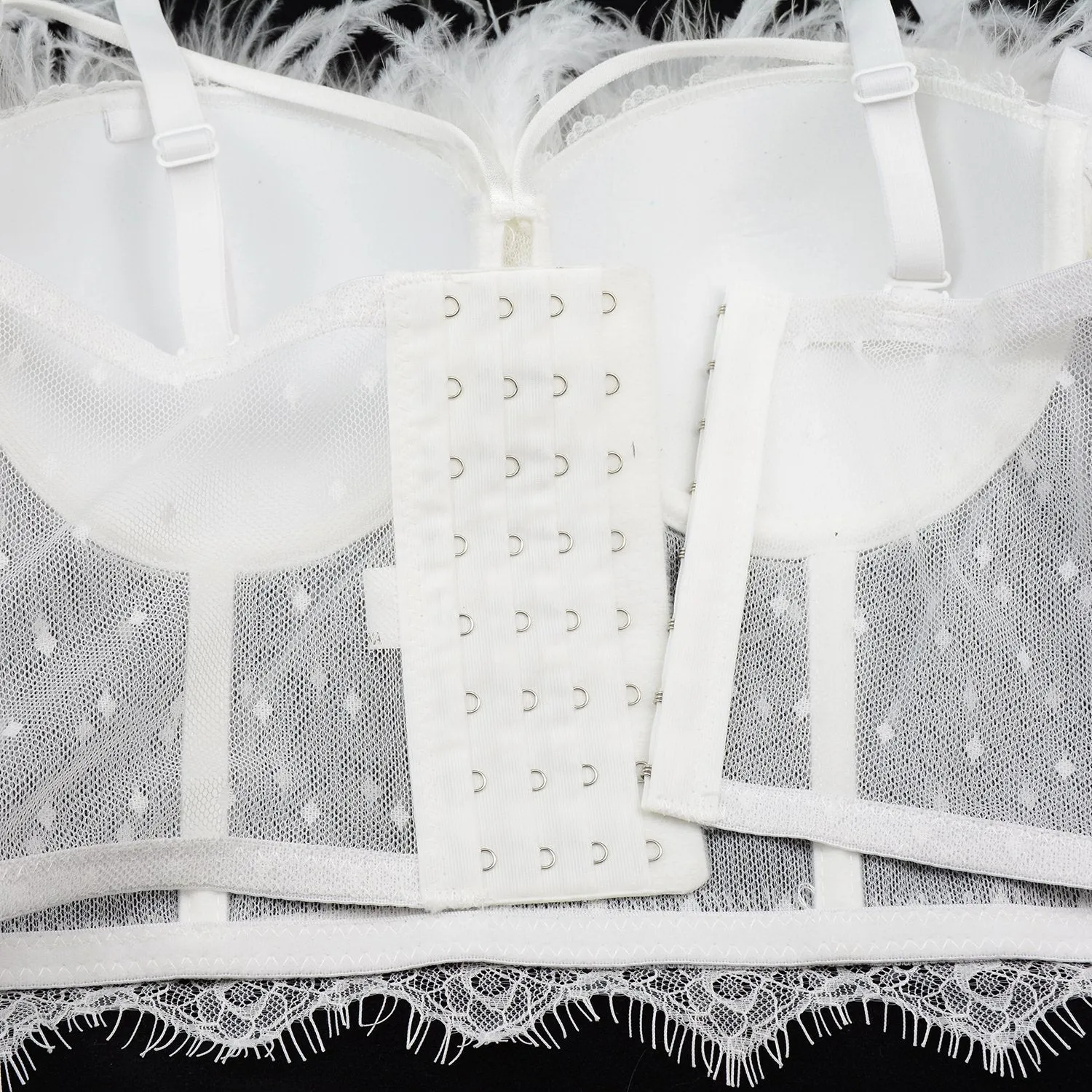 Women's Feather Tassel Cut Cross Strappy Lace Bustier Tops Sexy Club Party Crop Top White