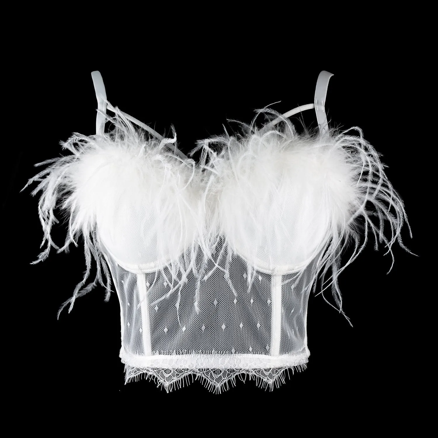 Women's Feather Tassel Cut Cross Strappy Lace Bustier Tops Sexy Club Party Crop Top White