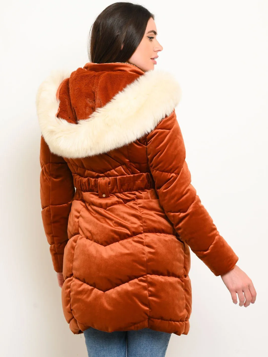 WOMEN'S LONG HOODED FAUX FUR LINED VELVET QUILTED COAT