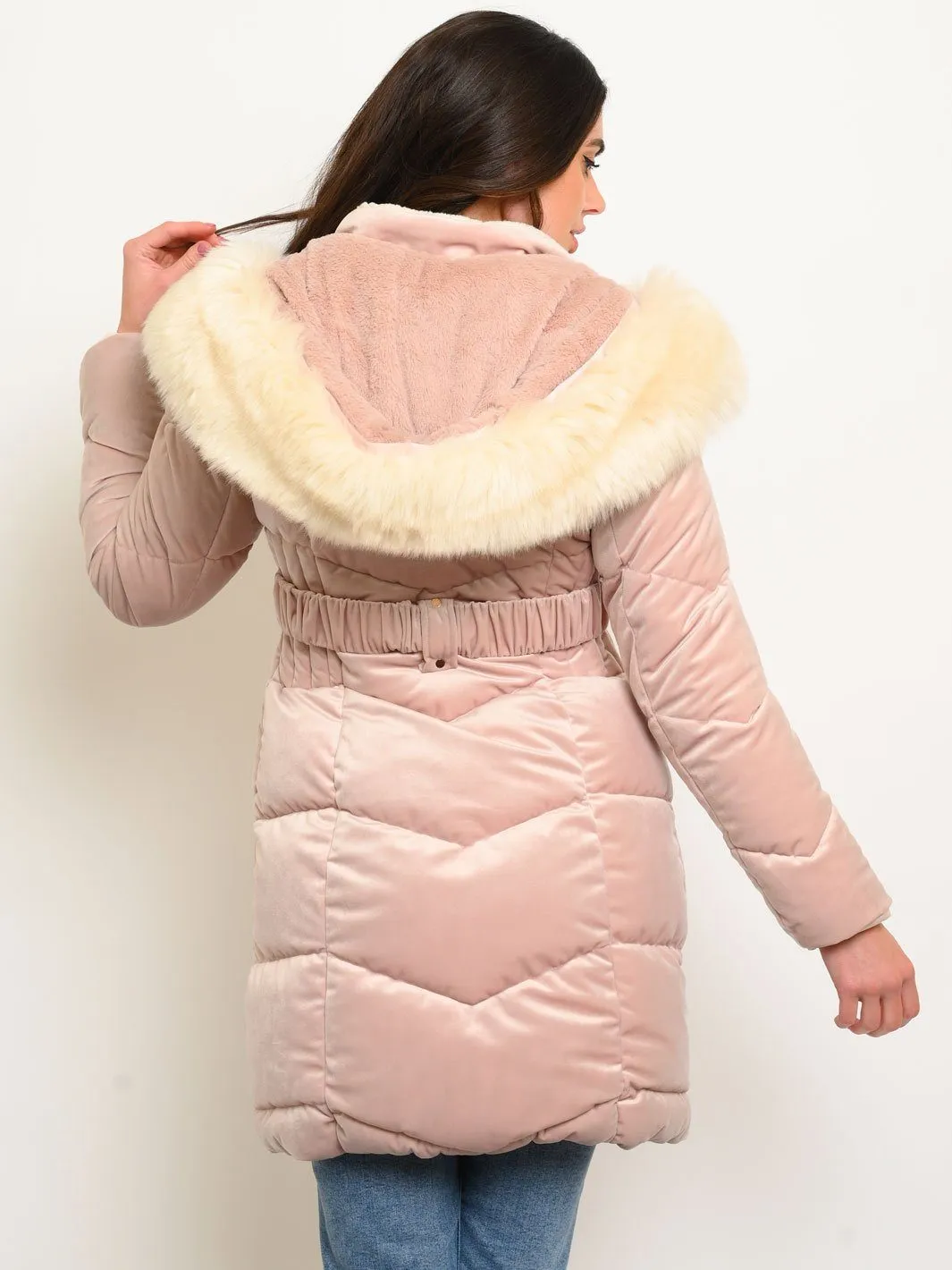 WOMEN'S LONG HOODED FAUX FUR LINED VELVET QUILTED COAT