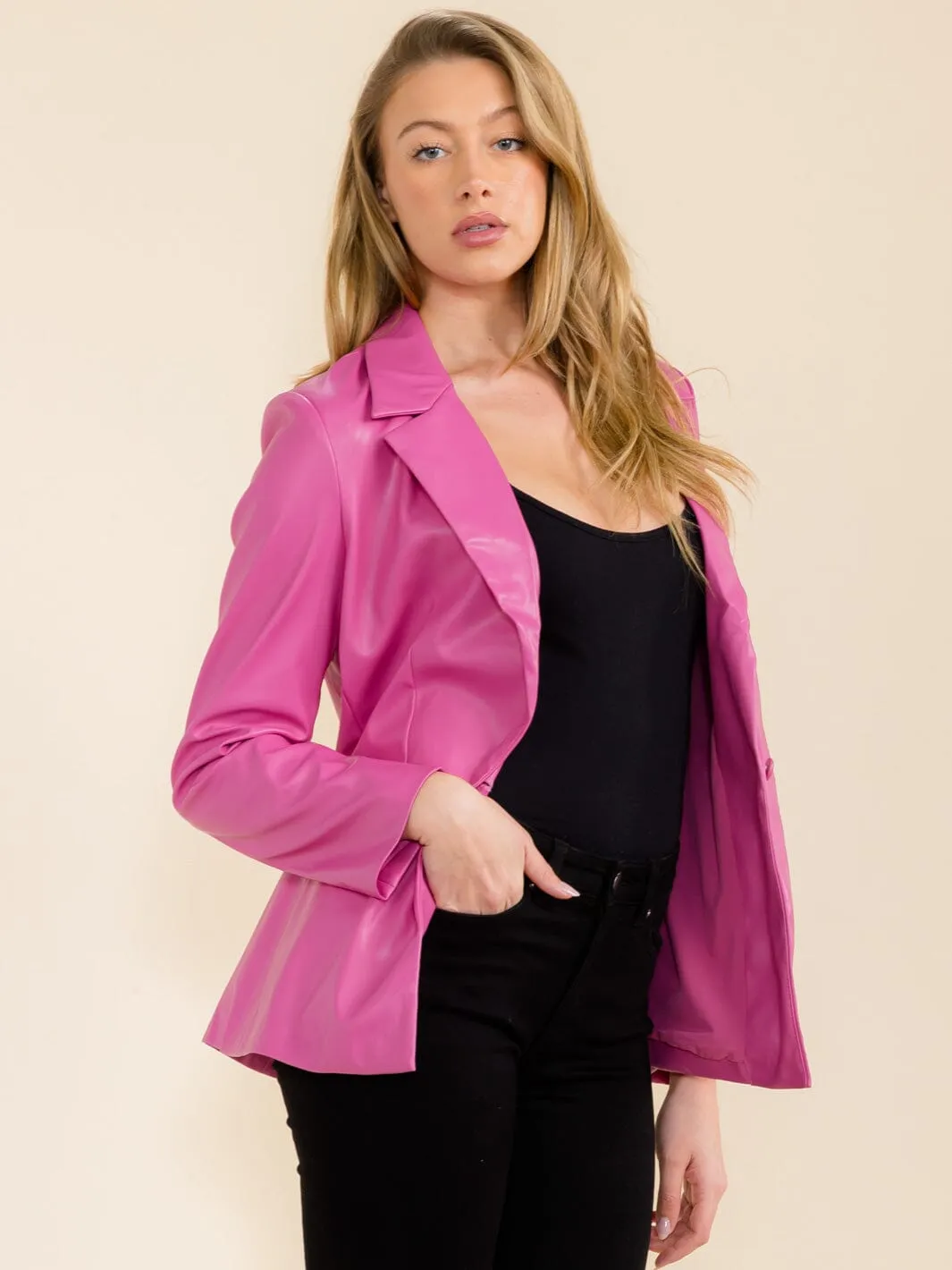WOMEN'S LONG SLEEVE BUTTON CLOSURE PU BLAZER