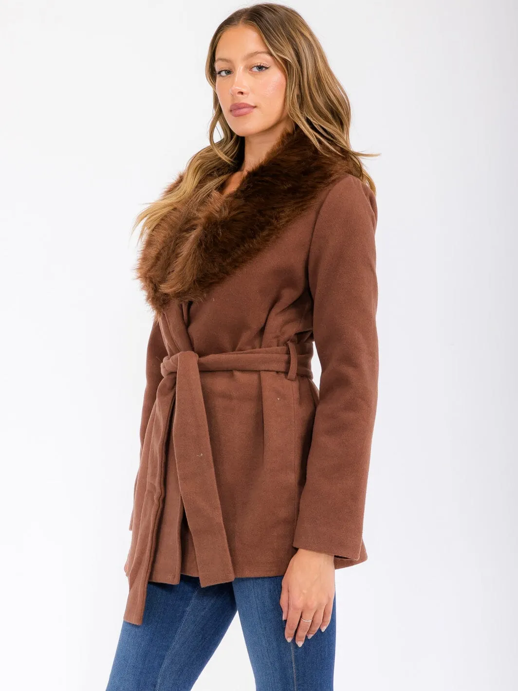 WOMEN'S LONG SLEEVE OPEN FRONT REMOVABLE FUR COLLAR SELF TIE COAT