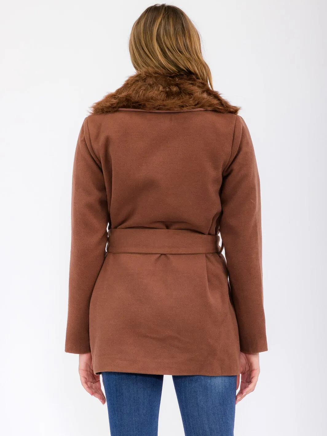 WOMEN'S LONG SLEEVE OPEN FRONT REMOVABLE FUR COLLAR SELF TIE COAT