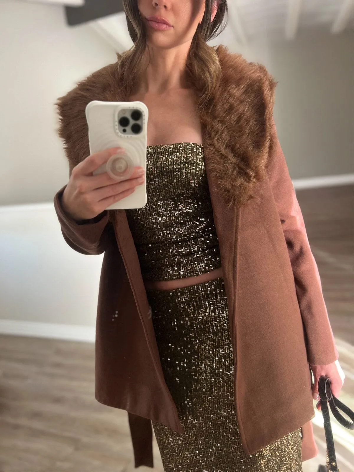 WOMEN'S LONG SLEEVE OPEN FRONT REMOVABLE FUR COLLAR SELF TIE COAT