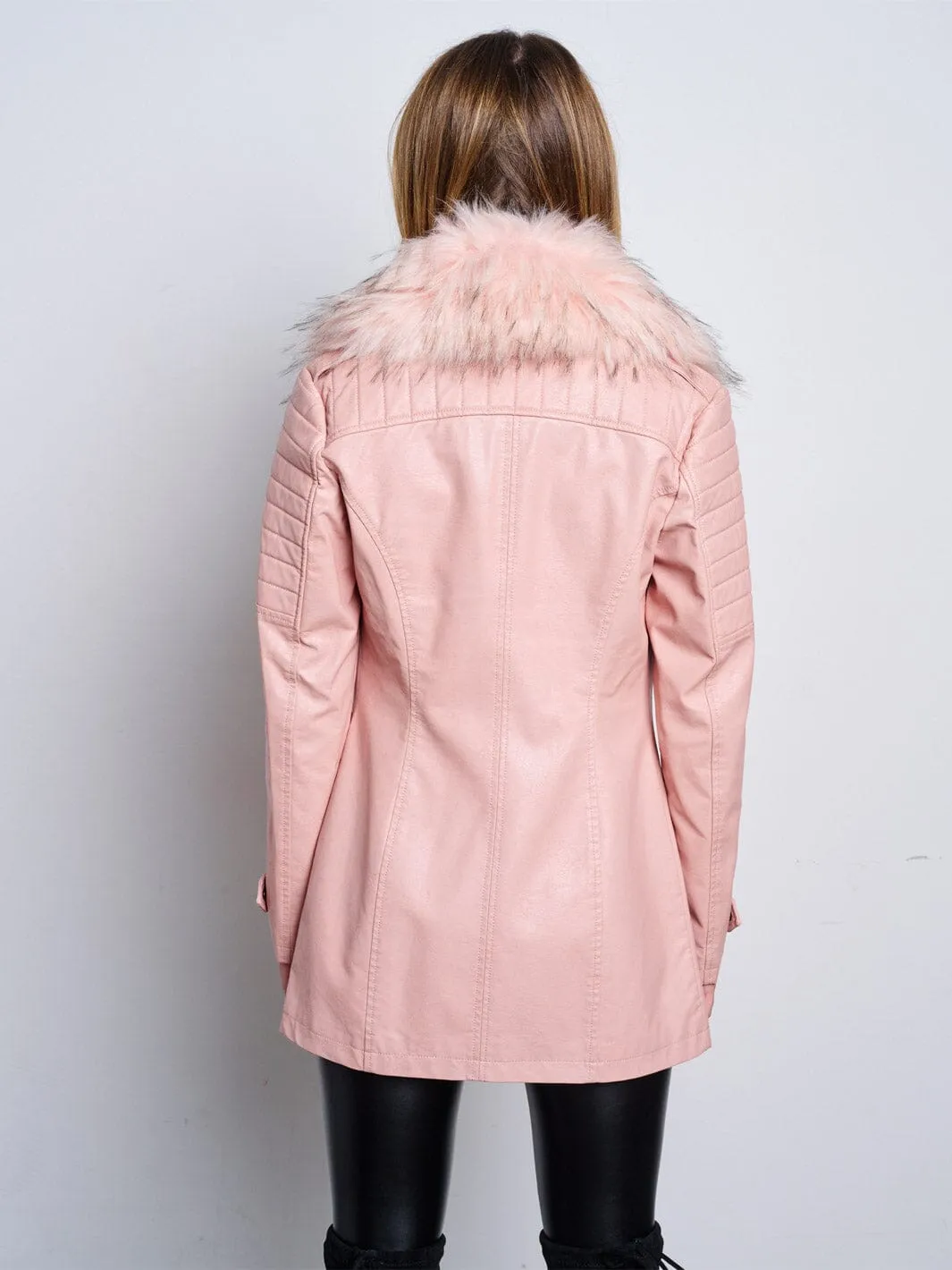 WOMEN'S LONG SLEEVE ZIP UP REMOVABLE SHERPA COLLAR PU PLEATHER JACKET