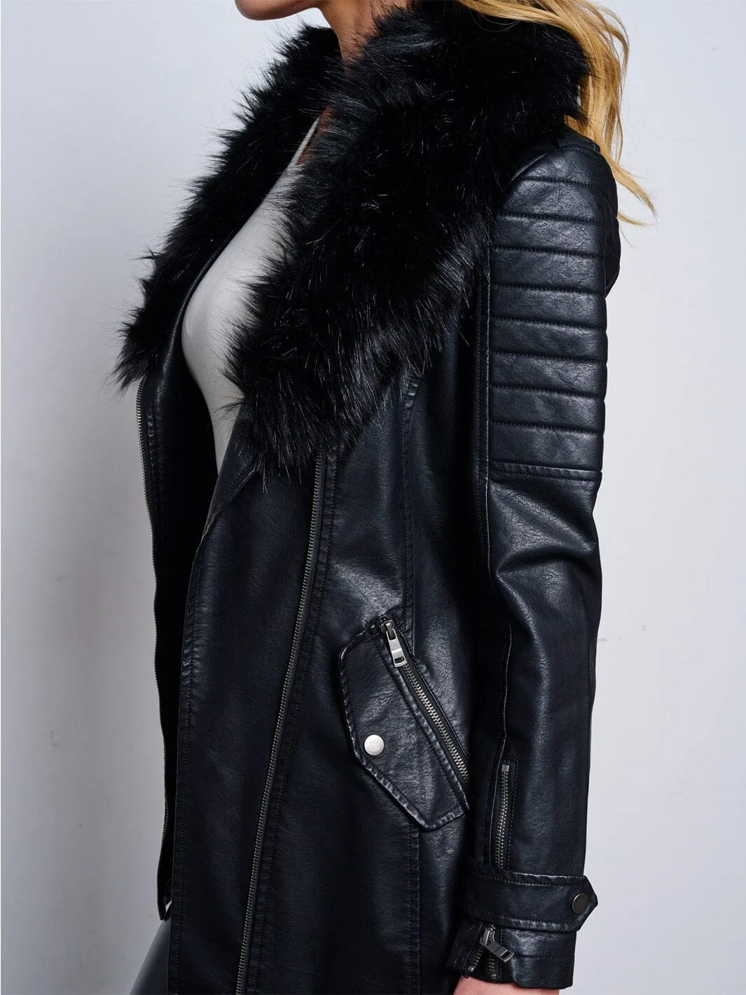 WOMEN'S LONG SLEEVE ZIP UP REMOVABLE SHERPA COLLAR PU PLEATHER JACKET