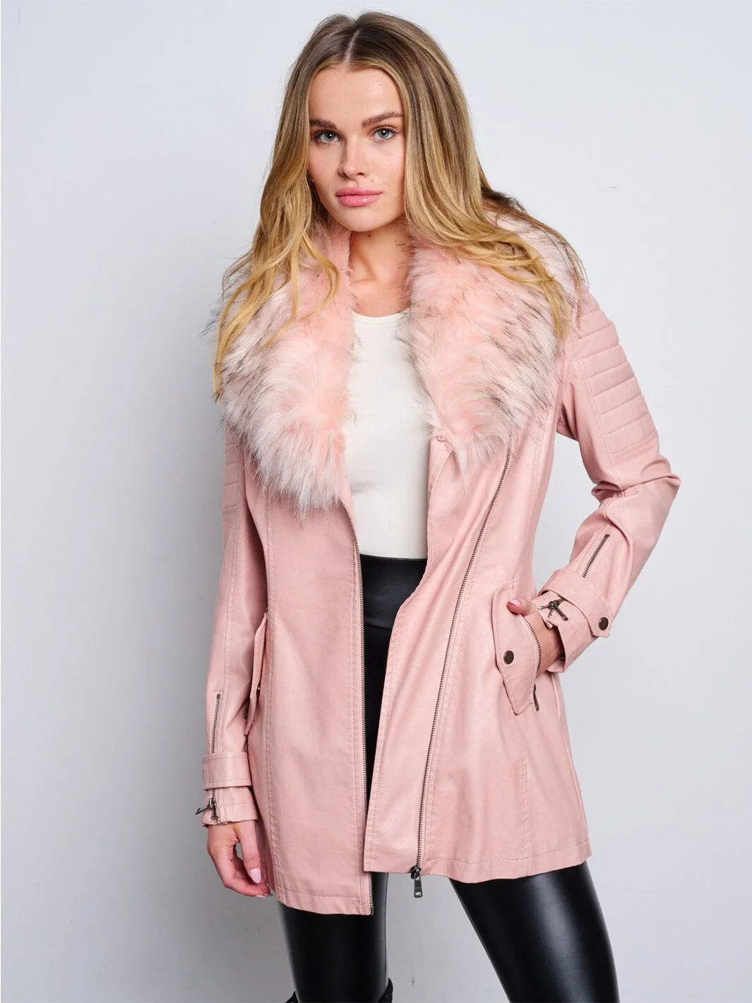 WOMEN'S LONG SLEEVE ZIP UP REMOVABLE SHERPA COLLAR PU PLEATHER JACKET