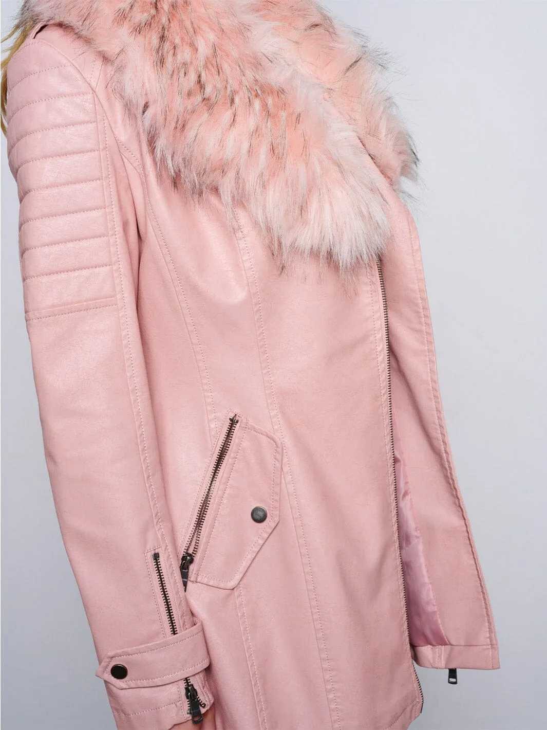 WOMEN'S LONG SLEEVE ZIP UP REMOVABLE SHERPA COLLAR PU PLEATHER JACKET