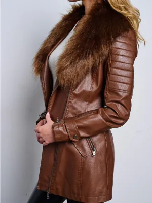 WOMEN'S LONG SLEEVE ZIP UP REMOVABLE SHERPA COLLAR PU PLEATHER JACKET