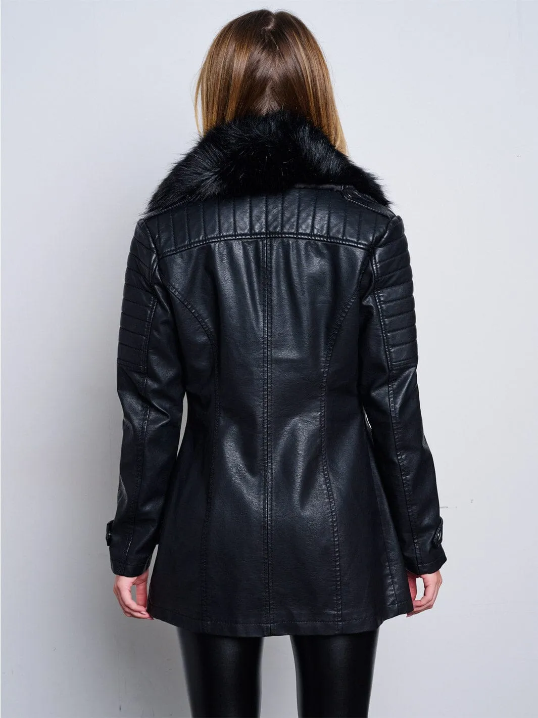 WOMEN'S LONG SLEEVE ZIP UP REMOVABLE SHERPA COLLAR PU PLEATHER JACKET
