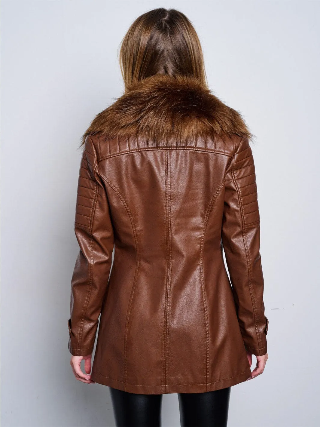WOMEN'S LONG SLEEVE ZIP UP REMOVABLE SHERPA COLLAR PU PLEATHER JACKET