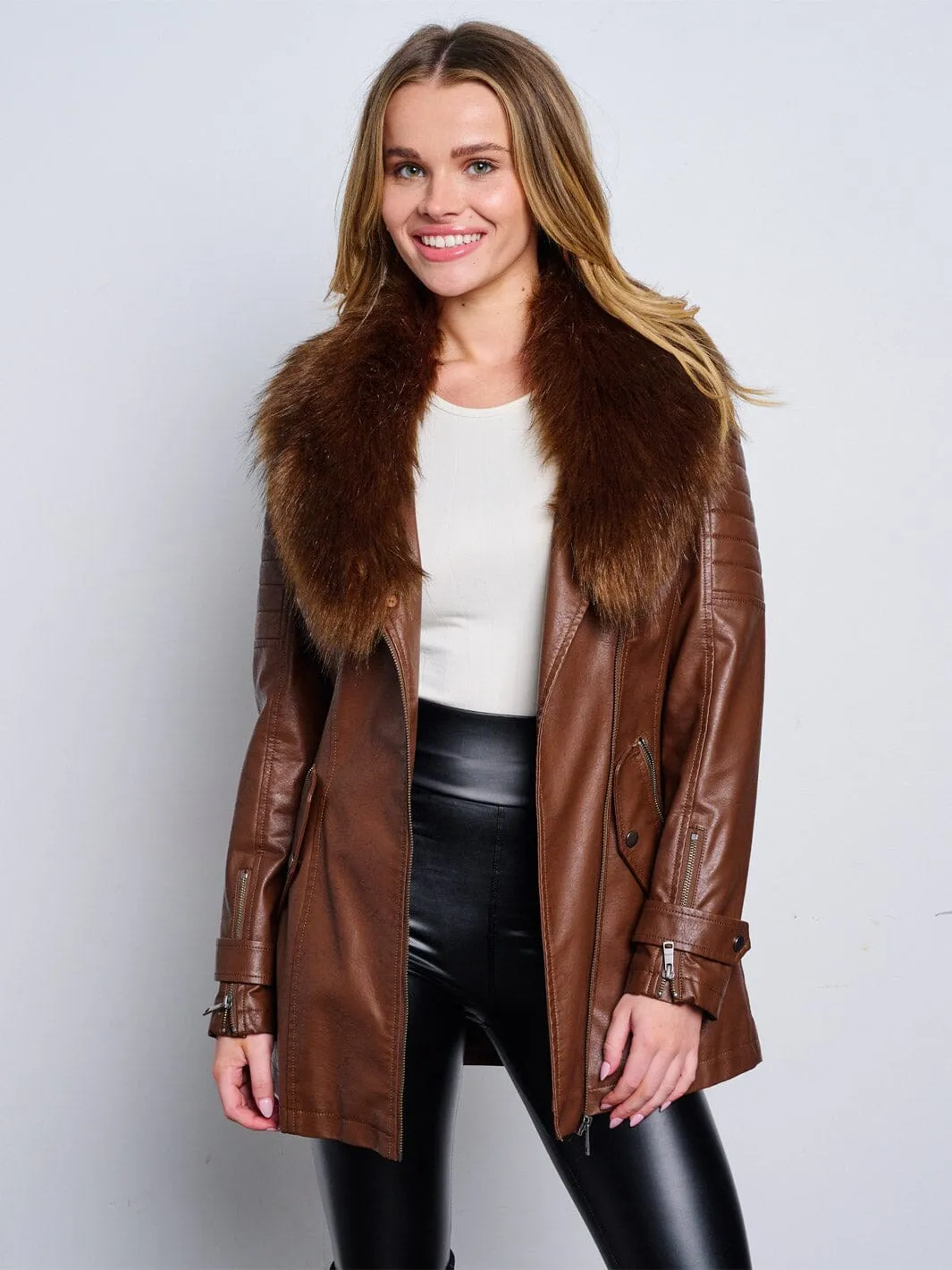 WOMEN'S LONG SLEEVE ZIP UP REMOVABLE SHERPA COLLAR PU PLEATHER JACKET