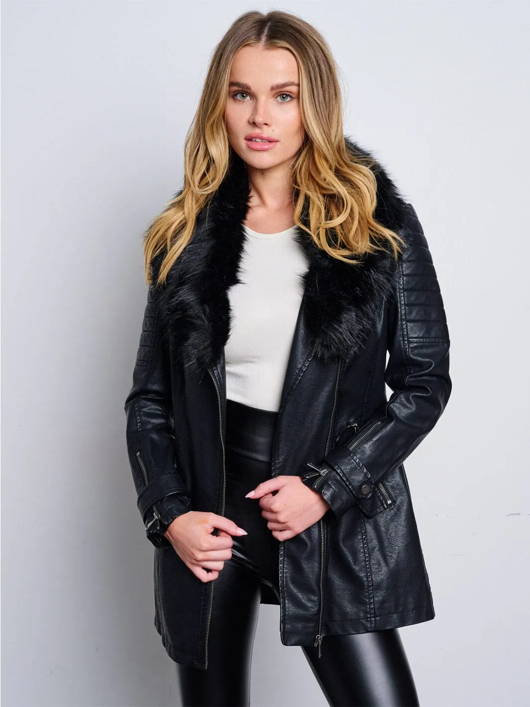 WOMEN'S LONG SLEEVE ZIP UP REMOVABLE SHERPA COLLAR PU PLEATHER JACKET