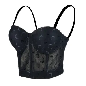 Women's Mesh Crescent Moon Print Bustier Crop Top Sexy Corset Top Bra Black 34/75
